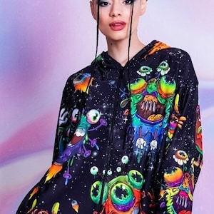 Galaxy Pajama with Aliens, alien adult pajamas, drippy outfits, harajuku clothing, warm rave outfit, couple pajamas, pajamas party outfits