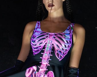 Rosa Skeleton Skater Kleid, Skelett Halloween Kleid, Skeleton Halloween Outfit für Frauen, Sexy Kreis Kleid, bedrucktes Kleid, Kawaii Kleid
