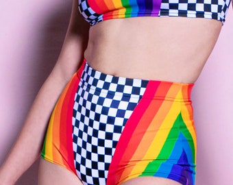 COLLUSION - Ensemble Top Asymétrique à Carreaux Avec Coutures Apparentes Pantalon Et Jupe Multicolore