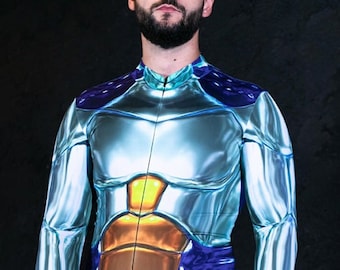 May include: A silver and blue metallic jumpsuit with gold accents. The jumpsuit has a zipper up the front and a high neckline.
