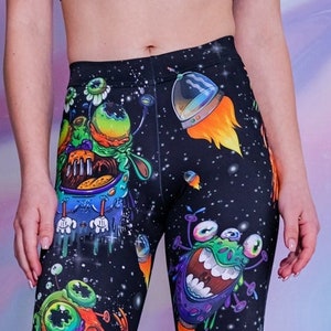 Alien Print Leggings, anime leggings, galaxy leggings, patterned leggings with monsters, non see through womens leggings, drippy clothing