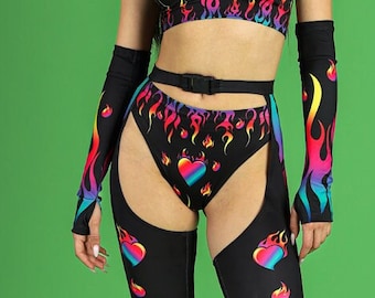 Rainbow Flames Chap Pants, Black Clasp Pants, Rave Pants, Chap Pants Rave Set, Co-Ord Rave Set, Printed Rave Outfit for Women