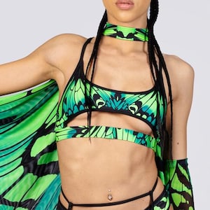 Grünes Rave Crop Top, Underboob Top, Schmetterling Rave Outfit, Fairycore Kleidung, Matching Set, Festival Set, Frauen EDM Kleidung, Party Outfits