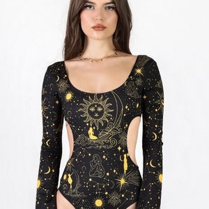 Black Rave Bodysuit with Zodiac Signs, goth cut-out bodysuit with flare long sleeves, celestial clothing, scoop festival bodysuit, rave wear