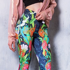 Floral Leggings, boho leggings, green leggings for women, printed leggings, high waisted leggings, festival clothing, plus size leggings