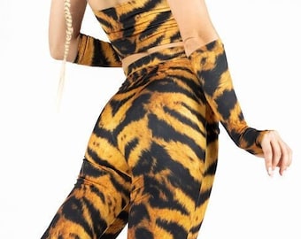 Tiger Flare Pants, Tiger Halloween Hose, Animal Print Schlaghose für Frauen, zweiteiliges Halloween-Kostüm, Tiger Rave Outfit