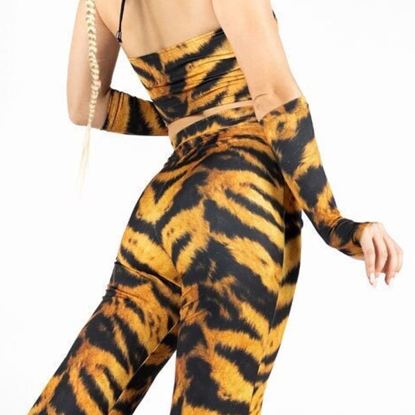 Tiger Flare Hose, Tiger-Halloween-Hose, Animal-Print-Flare-Leggings für Frauen, zweiteiliges Halloween-Kostüm, Tiger Rave-Outfit, Co-Ord-Set