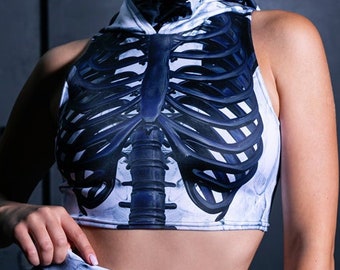 Crop top squelette noir, haut court à capuche d'Halloween, déguisement d'Halloween 2 pièces pour femme, tenue rave, ensemble de déguisement squelette pour femme