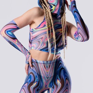 Blue High-Waisted Rave Pants, Flare Mesh Pants, Rave Set, Sheer Clothing, Two Piece Set, Rave Outfit, Women Clothing, See Through Clothes