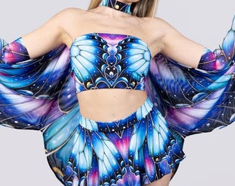 Top de tubo azul y rosa, top de verano para rave, conjuntos de hadas para rave, ropa de festival para mujer, conjunto a juego, ropa de mariposa, conjuntos de hadas