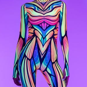 Neon Fantasy Rave Costume, Festival Clothing, Women&#39;s Full Bodysuit, Butterfly Rave Outfit, Glow in the Dark Clothing, Fairycore Clothes