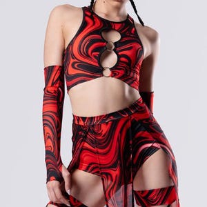 レディースレッドアウトフィット、シースルーマキシスカート、ハイウエストメッシュスカート、レイブスカート（アンダーショーツ付き）、レイブツーピースアウトフィット、レイブウェア