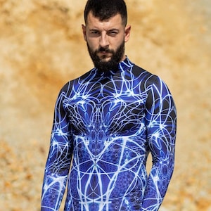 Déguisement Lightning homme, Déguisement Burning Man homme, Déguisement d&#39;Halloween pour homme, Tenue rave bleue une pièce, Tenue Burning Man, Body festival