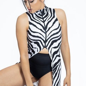 Zebra Maxi Dress, Open Front Animal Dress, front zipper rave dress, printed dress, black & white sleeveless dress, festival outfit for women
