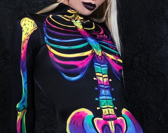 Skeleton Costume with Rainbow Bones, Halloween Skeleton Costume for Women, skeleton bodysuit, skeleton catsuit, LGBT Halloween costume