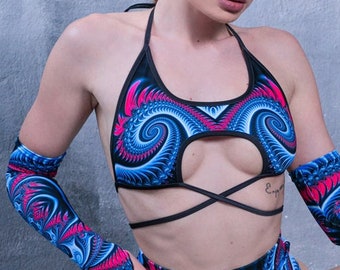 Blue Tie Front Top, sexy wrap around bra top, women rave top, blue rave outfit, psychedelic crop top for women, festival 2 piece shorts set