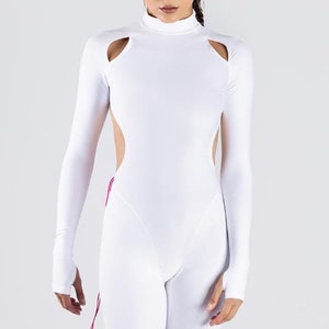 White Cut Out Costume, Women Burning Man Costume, Burning Man Festival Outfit, Desert Rave Outfit, white spandex jumpsuit, full body suit