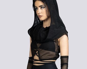 Black Cowl Neck Hooded Mesh Top - Women's Rave Wear