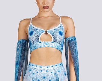 Animal Print Rave Outfit for Women - Light Blue Peacock Keyhole Ring Bra Top