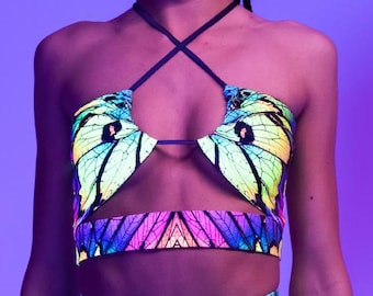 Neon Rave Bikini Top, Festival Halter Top, Co ord Set, Fairy Rave Outfit, Butterfly Clothing, Women Festival Wear, Fairycore Outfits