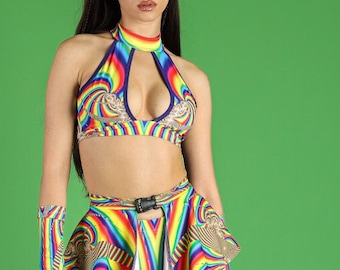 Rainbow Mini Skirt & Top, rave bottoms, belt buckle clasp skirt, rainbow rave outfit, festival wear, pride clothes, rave clothing