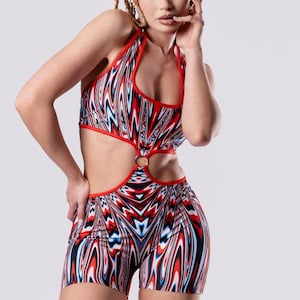 Trippy Red Romper, Red Rave Outfit, Cut Out Romper, Woman Spandex Playsuit, Festival Wear, Rave Romper, Party Outfit, Summer Clothing