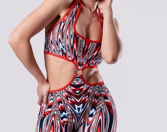 Trippy Red Romper, Red Rave Outfit, Cut Out Romper, Woman Spandex Playsuit, Festival Wear, Rave Romper, Party Outfit, Summer Clothing
