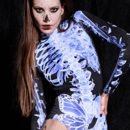 Ladies Women's Skeleton Halloween Long Sleeve Bodysuit Leotard - Foto 3