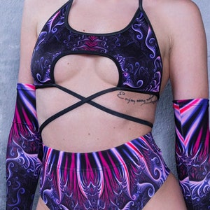 Tie Front Top, purple wrap top, rave cutout top, festival cut out crop top for women, rave 2 piece shorts set, women rave outfit, rave wear image 1