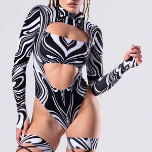 Body rave, body noir et blanc, body festival découpé, tenue rave, body manches longues pour femme, tenue de festival, vêtements rave