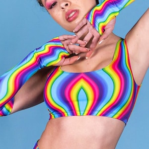 Rainbow Bra Top, sexy pride crop top, festival pride outfits, rave clothing, rave sleeves, arm warmers outfit, rave accessories, LGBT