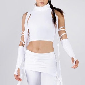 White Hooded Crop Top, White Dust Mask Crop Top, Women Burning Man Outfits, White 2 Piece Rave Set, White Party Outfit, Festival Clothing