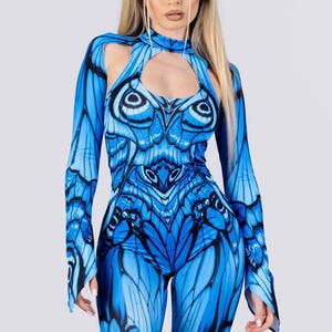 Traje de fada azul para rave, macacão recortado, fantasia de borboleta para rave feminina, roupa para festival, fantasia de fantasia, roupas Fairycore