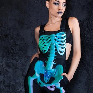 Green Skeleton Overalls, skeleton dungaree with green bones, black plus size overalls, skeleton Halloween costume, pastel goth clothing