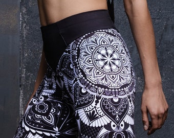 Schwarze Mandala High Waisted Leggings für Frauen, Elasthan Workout Leggings, Yoga Leggings, Activewear, Pole Dance tragen, Kompressions Leggings