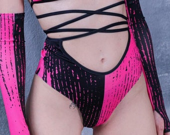 Black & Pink Wrap Around Shorts, rave outfit, rave shorts for women, cheeky cut out booty shorts, rave bottoms women, festival clothing