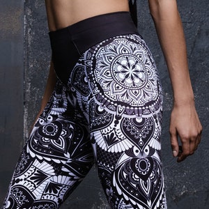 Black Mandala High Waisted Leggings for Women, spandex workout leggings, yoga leggings, activewear, pole dance wear, compression leggings