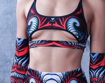 Red Underboob Cut Out Top, festival bra top, rave outfit for women, psychedelic crop top and shorts set, rave clothing, festival wear