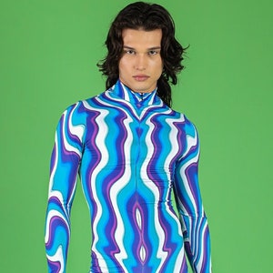 Costume blu per uomo, vestito Trippy blu per uomo, tuta rave blu, costume da body in spandex, costume aereo, costume mlm, vestito orgoglio