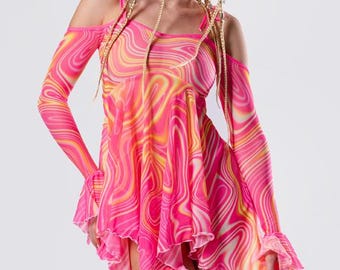 Flounce Sleeve Pink Dress, Cute Rave Outfit, Sheer Dress, Transparent Fairy Dress, Sheer Sun Dress, Festival Wear, Mesh Clothing, Mesh Dress