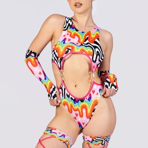 Rave Cut Out Bodysuit, Rainbow Two Piece Bodysuit, High Cut Festival Bodysuit, Pride Clothing for Women, Festival Outfits, Rave Wear