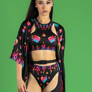 Black Rainbow Flames Kimono for Women, rave kimono, plus size kimono, festival kimono, rainbow rave outfit, summer kimono, pride clothing