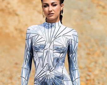 Sci Fi Halloween Costume, Sexy Halloween Costume Women, Metallic Costume for Adults, Cosplay Bodysuit, Cyberpunk Clothing, Alien Silver Suit