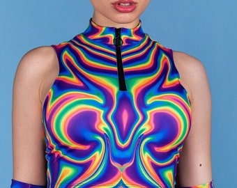 Liquid Crop Top, pride cropped top, rainbow half zip crop top, rave co-ord shorts set, rainbow rave outfits, festival clothing, rave wear