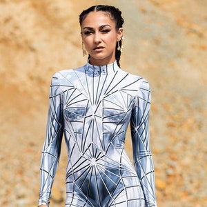Sci Fi Halloween Costume, Sexy Halloween Costume Women, Metallic Costume for Adults, Cosplay Bodysuit, Cyberpunk Clothing, Alien Silver Suit