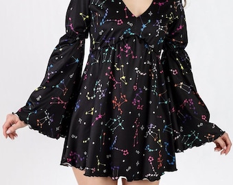 Celestial Dress, Flare Sleeve Dress, Long Sleeve Summer Dress, Above the Knee Dress, V Neck Mini Dress, Goth Dress, Gothic Outfit