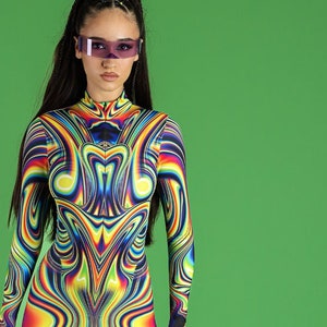 Rave Costume, Rave One Piece Outfit, Liquid Body suit Costume, trippy rave catsuit, rave jumpsuit, festival wear for women, plus size wear