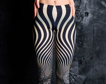 Psychedelische Gedruckte Leggings, Gestreifte Frauen Leggings, Festival Kleidung, Rave Outfit, Brennender Mann, hoch taillierte Leggings, Festival Set