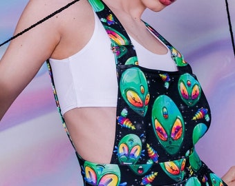 Green Alien Shortalls, Women Shortalls, short overalls, short dungarees for summer, streetwear women, harajuku clothing, alien clothing