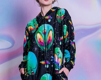 Pijama con cabeza de extraterrestre verde, pijama para adulto con capucha, traje cálido para fiesta rave, traje de fiesta de pijamas, ropa kawaii, disfraz de fiesta rave de talla grande